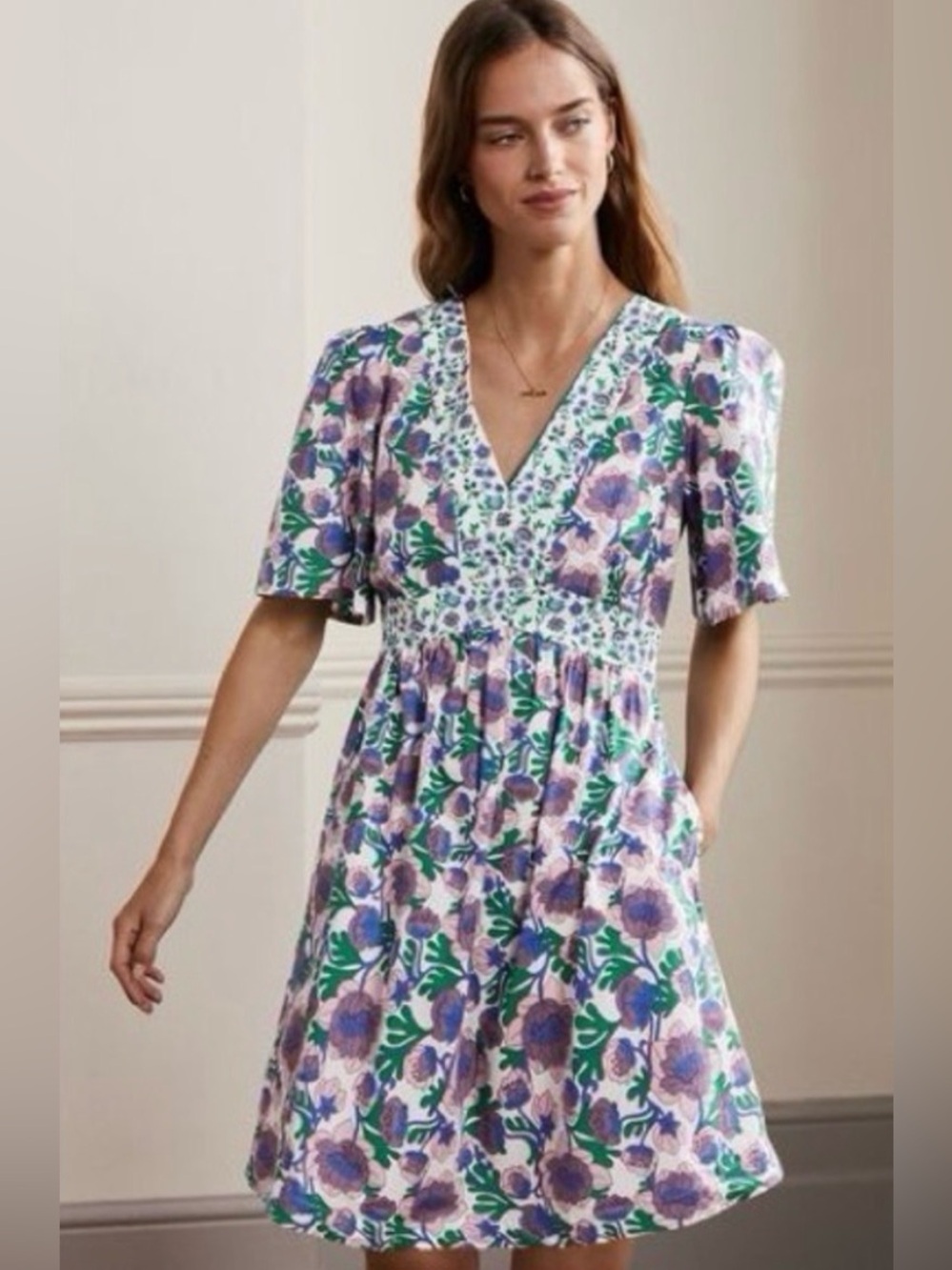 Boden V-Neck Contrast Detail Dress Multi Terrace Bud Floral Boho Dress Size 6R